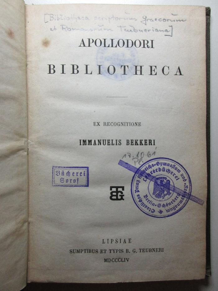 
10 K 480 : Apollodori Bibliotheca (1854)