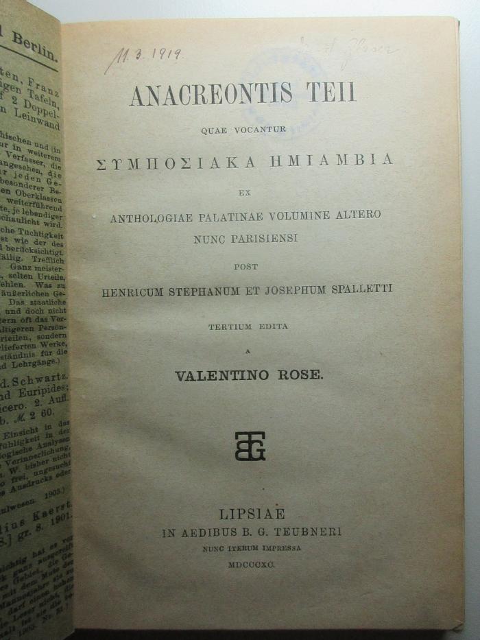 10 K 472&lt;3&gt; : Teii Quae vocantur Symposiaka hēmiambia : ex anthologiae Palatinae volumine altero nunc Parisiensi (1890)
