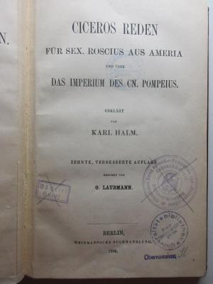 10 K 474&lt;10&gt;-1 : Reden für Sex. Roscius aus Ameria und über das Imperium des Cn. Pompeius (1886)