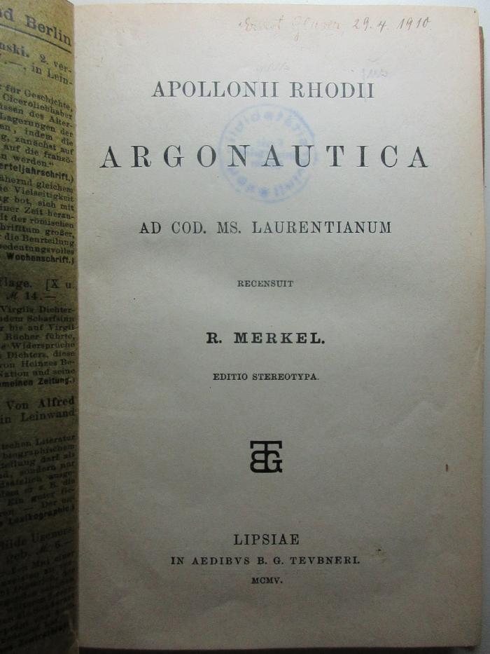 10 K 462&lt;*&gt; : Argonautica : ad cod. Ms. Laurentianum (1905)