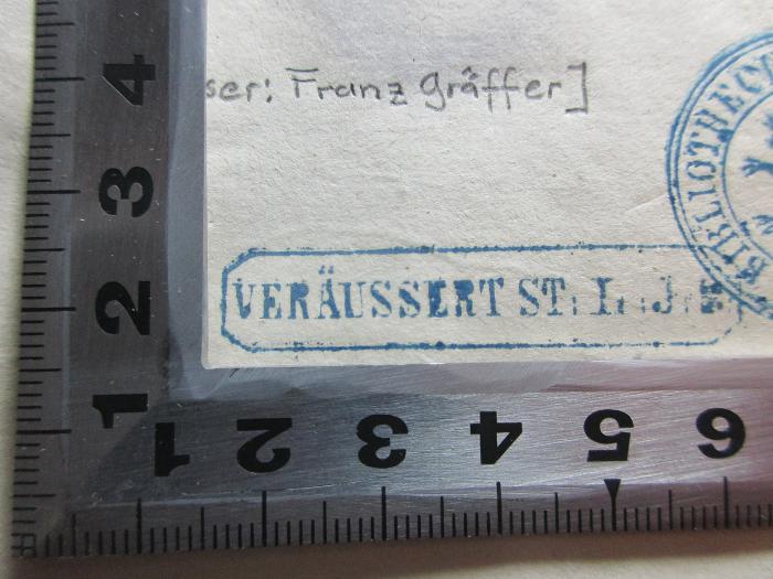 
10 L 108 : August von Kotzebue's Selbstbiographie (1811);-, Stempel: Initiale, Besitzwechsel; 'Veräussert ST. L. J.[?]'