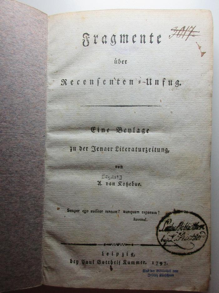 10 L 104 : Fragmente über Recensenten-Unfug : eine Beylage zu der Jenaer Literaturzeitung (1797)