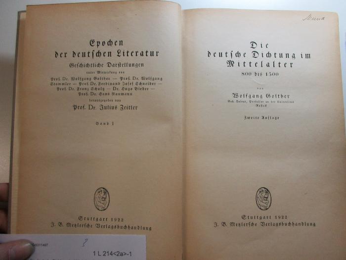 
1 L 214&lt;2a&gt;-1 : Die deutsche Dichtung im Mittelalter : 800 - 1500 (1922)