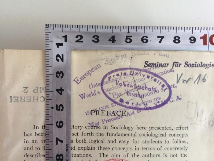 AI / DAW I (ausgeschieden) : Introduction to Sociology (1929);- (European Student Rener Fund (International Student Services World's Student Cristian Federation - Pax Romana) In Cooperation with the War Prisoners Aid of Y.M.C.A. ;Comitè International de la Croix-Rouge Délegation A Londres;Canada Int. OP. Censored 81;Bücherei CAMP 2), Stempel: Name, Ortsangabe; 'European Student Rener Fund (International Student Services World's Student Cristian Federation - Pax Romana) 151 Bloor St. W. -  Toronto 5, ONT.
In Cooperation with the War Prisoners Aid of Y.M.C.A.'. 