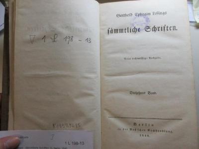 
1 L 198-13 : Gotthold Ephraim Lessing Sämmtliche Schriften (1840)