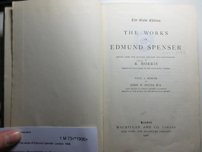 
1 M 73&lt;*1906&gt; : The works of Edmund Spenser (1906)