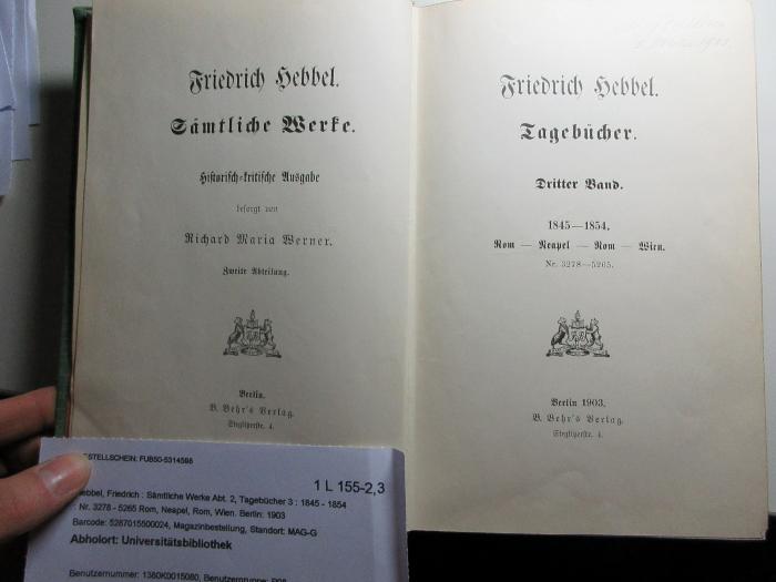 1 L 155-2,3 : 1845 - 1854 : Rom, Neapel, Rom, Wien : Nr. 3278 - 5265 (1903)