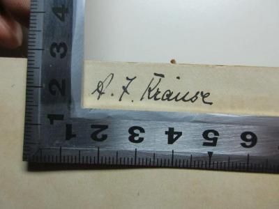 - (Krause, A. J.), Von Hand: Autogramm, Initiale; ' A. J. Krause[?]'. ;
1 M 73&lt;*1909&gt; : The works of Edmund Spenser (1909)