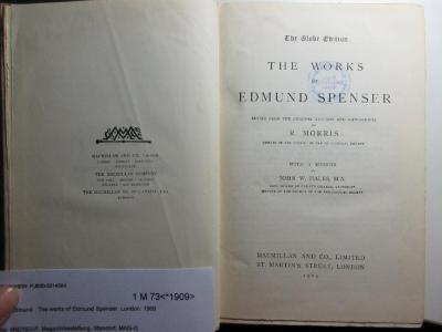 
1 M 73&lt;*1909&gt; : The works of Edmund Spenser (1909)