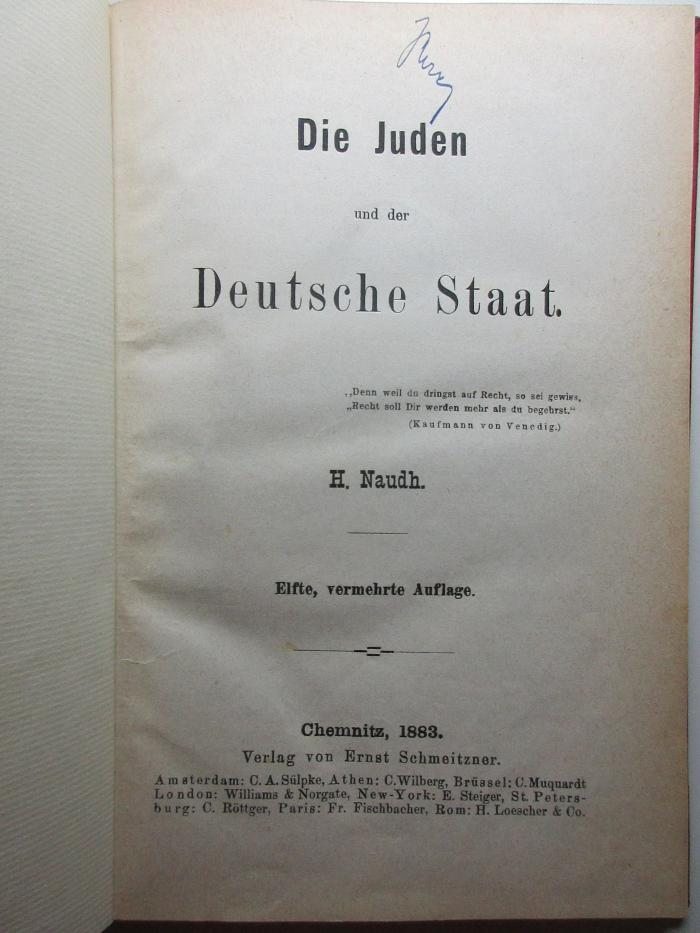 1 P 173&lt;11&gt; : Die Juden und der deutsche Staat (1883)