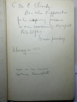 - (Greenberg, Simon;Clinchy, Everett Ross), Von Hand: Autogramm, Name, Datum, Widmung; 'To Dr. E. Clinchy.
As a token of appreciation
for his inspiring presence
in our community-Wynnefield
Philadelphia.
Simon Greenberg
February [x], 1940.'. ;1 P 12 : Living as a Jew today (1940)