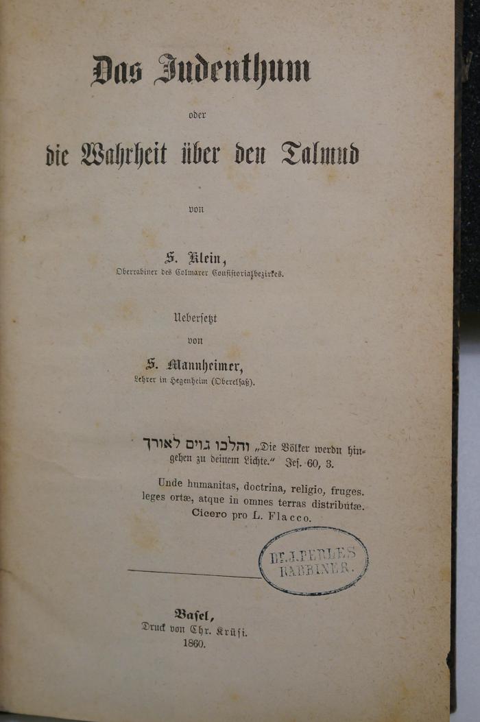 26A.000025 : Das Judenthum oder die Wahrheit über den Talmud (1860)