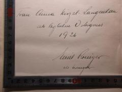- (Hirzel-Langenhan, Anna), Von Hand: Name, Autogramm, Datum, Widmung; 'Frau Anna Hinzel-Langenhan
als herzlichen Ostergruss
1926
Emil Ranger
als Herausgeber'. 