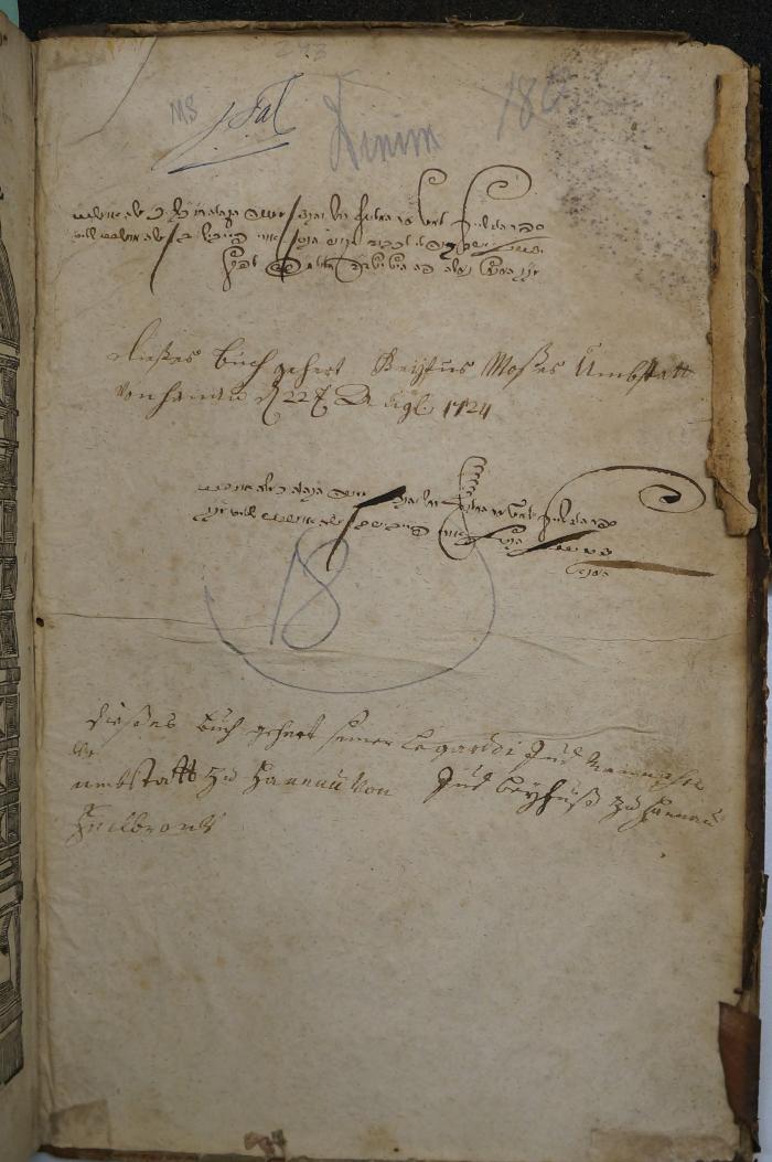 Asch7016 : ספר שערי דורא תנקרא איסור והיתר  (1724);- (Tal, Justus), Von Hand: Autogramm; 'J. Tal'. ;- (S. M.), Von Hand: Initiale; 'MS
Denim   180'. ;- (Umbstatt, Uri Feivish;Umbstatt, Mosheh), Von Hand: Autogramm, Ortsangabe, Datum, Widmung; 'ספר הזה שייך לא''מ[..] ח׳׳ר האלוף רחש והקצין [...] הקהלה ח׳׳ו כ׳׳ש [...] אומשטט 
ישב קנה לי לכבוד וקונה הנסן אורי פייביש בן משה אומשטט שליט׳ [...]
מק׳׳ק הענאו נ[..]שה פה [...] ב׳ ב׳ אלול תפ׳׳ד לפ׳׳ק

[2. Elul 484]'. ;- (Umbstatt, Mosheh), Von Hand: Name, Ortsangabe, Widmung; 'Dieses Buch gehört Justus Moßes Umbstatt
von Hanau d 22ten Augt 1724'. ;- (unbekannt), Von Hand: Nummer; '18'. ;- (Umbstatt, Uri Feivish;Umbstatt, Mosheh), Von Hand: Autogramm, Name; 'ספר הלז שייך לח[..]מר האלוף ו[...] הקהילה כ׳ משה אומשטט
 אורי פייביש בן משה אומשטט [...] הק׳׳ק [...]
הענאו  '. ;- (Umbstatt, Mosheh;Kassualie, Logardoi), Von Hand: Name, Ortsangabe, Widmung; 'Dieses Buch gehert Senore Logardoi Jud Manasse
[...] umbstatt zu Hannau von Jud Breyfuß zu Hannau'. 