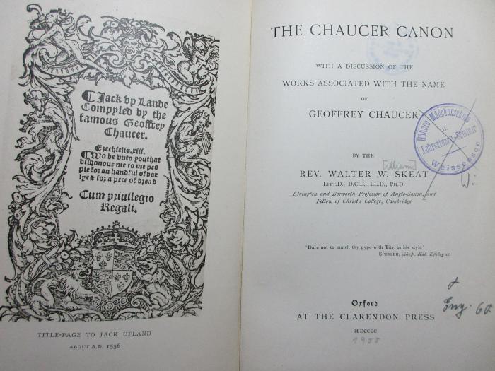 10 M 287 : The Chaucer canon : with a discussion of the works associated with the name of Geoffrey Chaucer (1900)