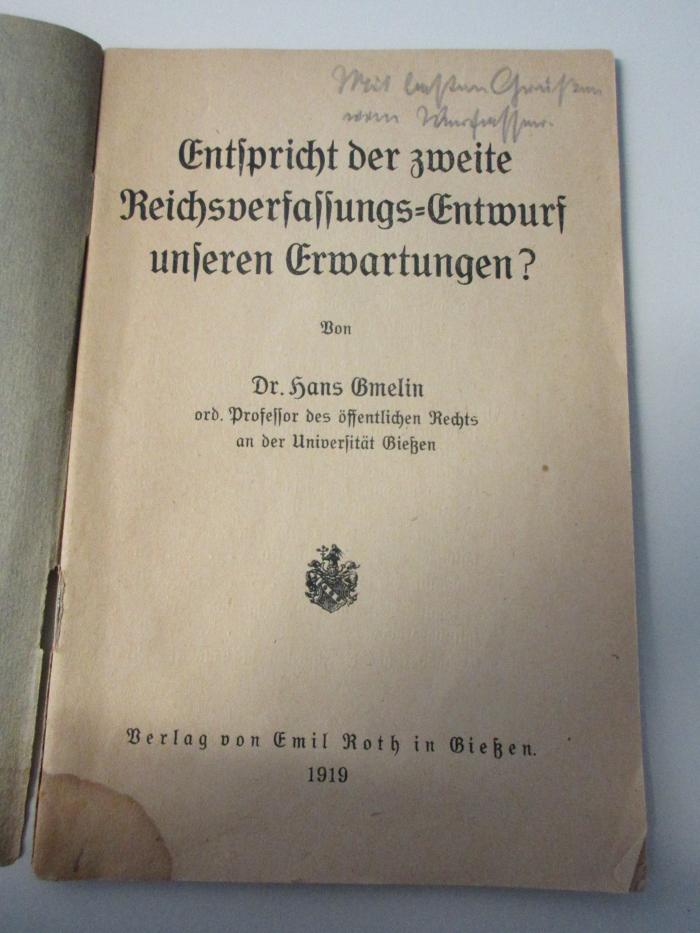 2 C 231 : Entspricht der zweite Reichsverfassungsentwurf unseren Erwartungen? (1919)