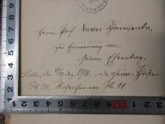 - (Scharwenka, Xaver), Von Hand: Autogramm, Name, Ortsangabe, Datum, Widmung; 'Herrn Prof. Xaver Schawenk,
zur Erinnerung an
seinen Ehrentag,
Berlin, den 18/19. Dez. 1906 Dr. Heinz Thießen 30, Rosenheiner Str. 11'. 
