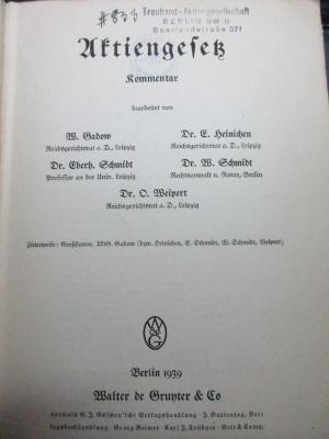 2 C 276 : Gadow, Wilhelm, 1875-1945: Aktiengesetz : Kommentar ; [Gesetz über Aktiengesellschaften und Kommanditgesellschaften auf Aktien . Vom 30. Januar 1937 ...] / bearb. von W. Gadow (1939)