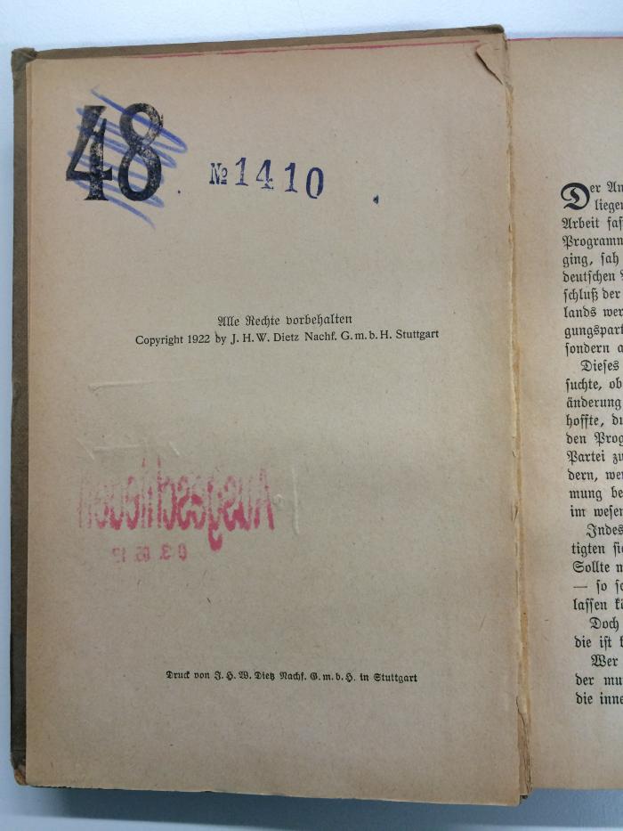 G 4 KAU 18 (ausgeschieden) : Die proletarische Revolution und ihr Programm (1922);- (Berliner Bank Aktiengesellschaft), Stempel: Nummer; '48'. 