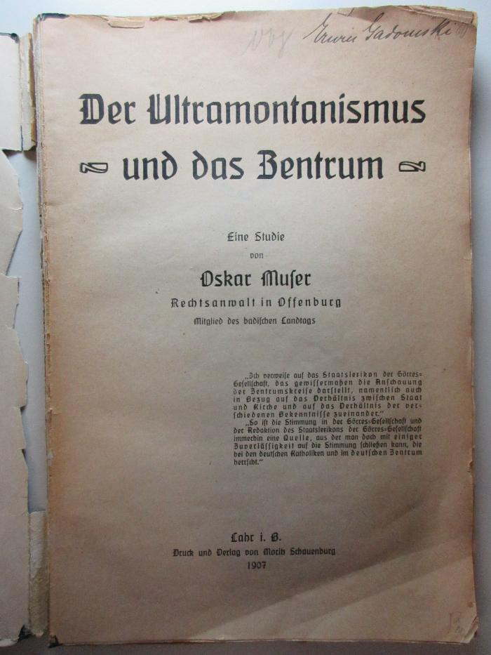 5 X 327 : Der Ultramontanismus und das Zentrum : eine Studie (1907)