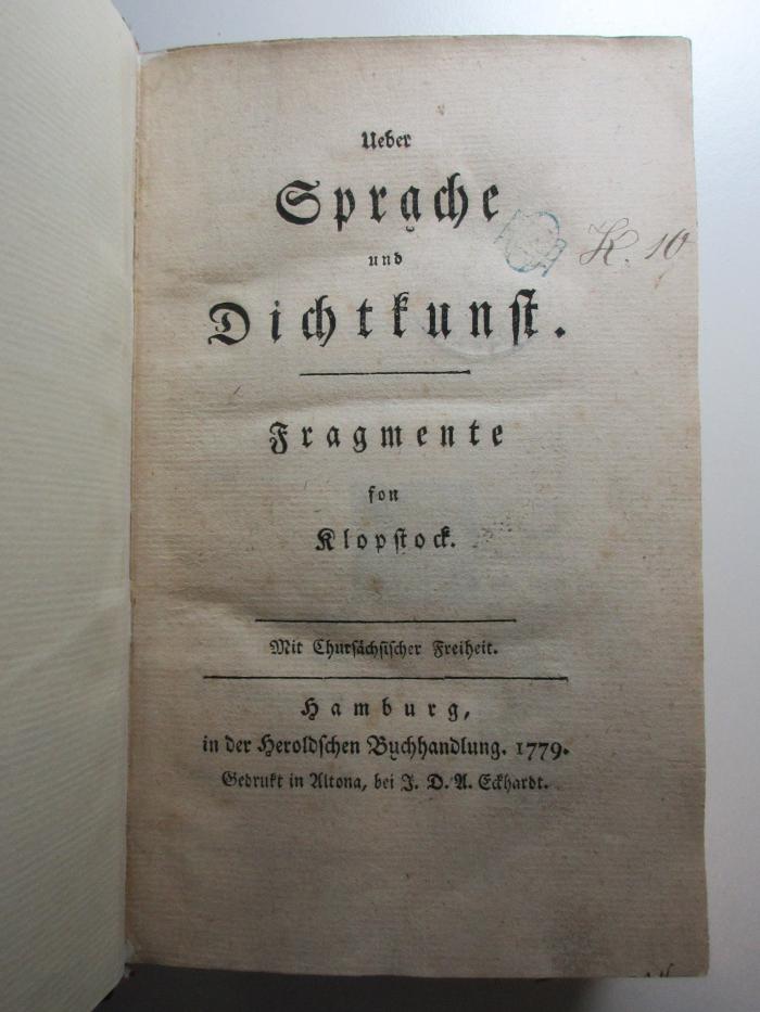 15 L 64 : Ueber Sprache und Dichtkunst : Fragmente (1779)