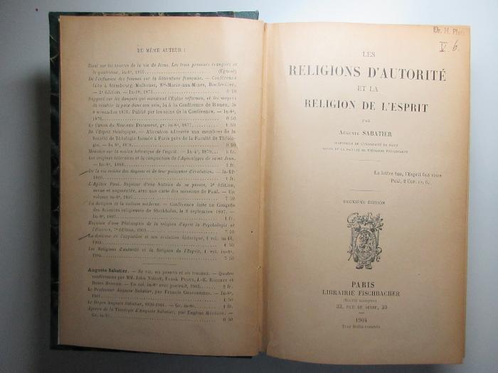 16 B 319&lt;2&gt; : Les religions d'autorité et la religion de l'esprit (1904)