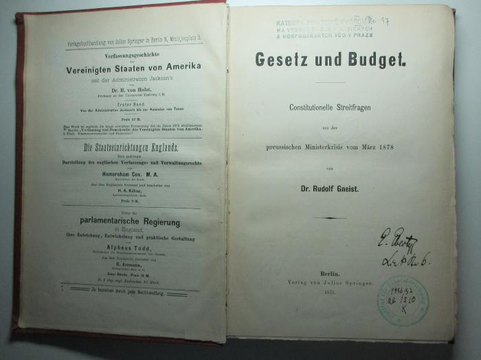16 C 240 : Gesetz und Budget : constitutionelle Streitfragen aus der preussischen Ministerkrisis vom März 1878 (1879)
