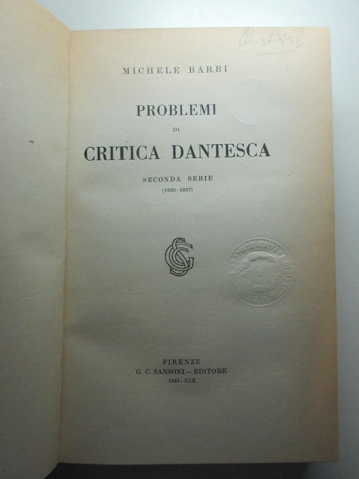 15 N 64-2 : Problemi di critica dantesca (1920 - 1937) (1941)