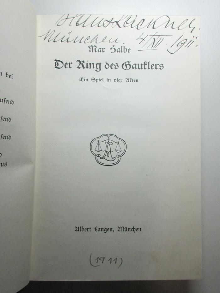 15 L 649 : Der Ring des Gauklers : ein Spiel in vier Akten (1911)