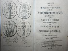 17 B 26&lt;2&gt;-1 : Versuch über die Beschuldigungen welche dem Tempelherrenorden gemacht worden, und über dessen Geheimniß : Nebst einem Anhange über das Entstehen der Freymaurergesellschaft (1782)