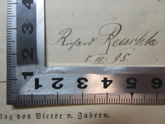11 R 28 : Der Kreislauf des Lebens : physiologische Antworten auf Liebig's Chemische Briefe (1852);- (Reischke, Richard), Von Hand: Autogramm, Datum; 'Richard Reischke
5.III.95.'. 