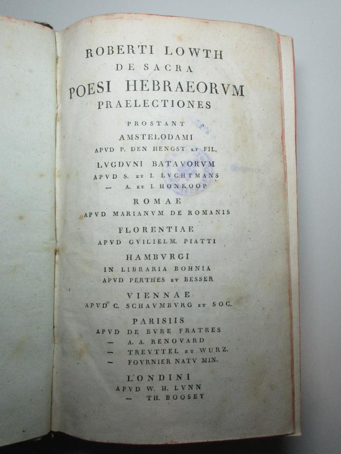 11 P 61 : De Sacra Poesi Hebraeorum : Praelectiones Academicae Oxonii Habitae ; Subiicitur Metricae Harianae Et Oratio Crewiana (1815)