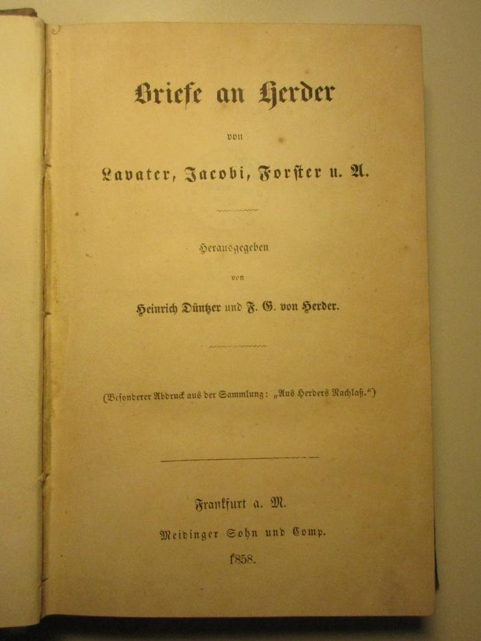 17 L 350 : Briefe an Herder : von Lavater, Jacobi, Forster u. A. (1858)