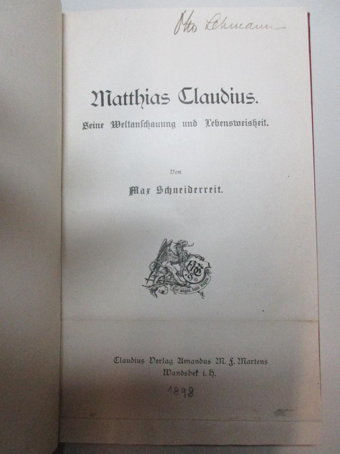 17 L 436 : Matthias Claudius : seine Weltanschauung und Lebensweisheit (1898)