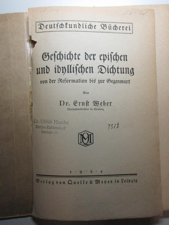 17 L 288 : Geschichte der epischen und idyllischen Dichtung von der Reformation bis zur Gegenwart (1924)