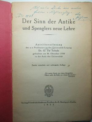 12 E 49&lt;2&gt; : Der Sinn der Antike und Spenglers neue Lehre : Antrittsvorlesung, gehalten am 30. Oktober 1920 in der Aula der Universität (Leipzig) (1922)