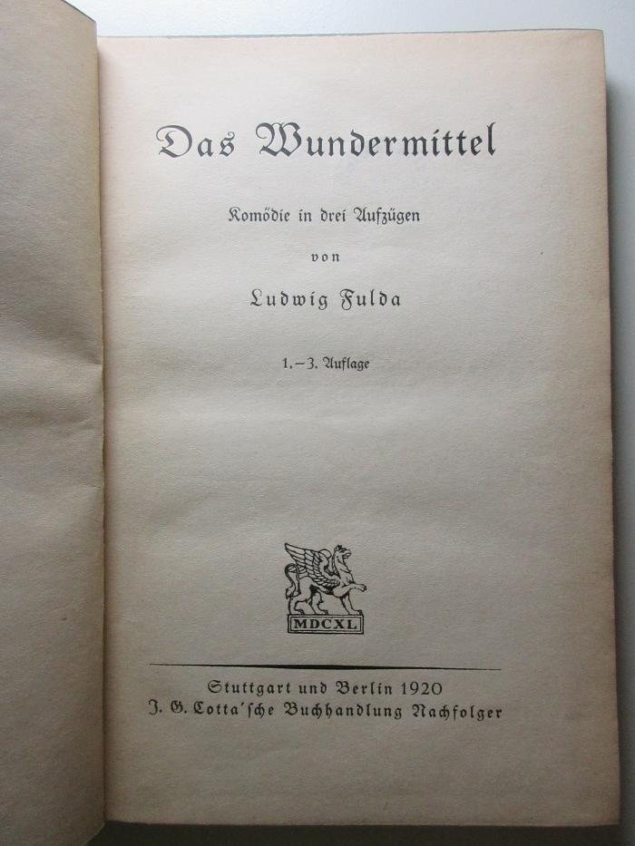 12 L 159 : Das Wundermittel : Komödie in drei Aufzügen (1920)