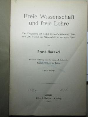 12 S 75&lt;2&gt; : Freie Wissenschaft und freie Lehre : eine Entgegnung auf Rudolf Virchow's Münchener Rede über "Die Freiheit der Wissenschaft im modernen Staat" (1908)