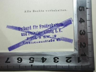 - (Verband für Freidenkertum und Feuerbestattung e.V.), Stempel: Name, Ortsangabe; 'Verband für Freidenkertum
und Feuerbestattung E.V.
Berlin S.W. 29
Gneisenaustraße 41.'.  (Prototyp);12 S 75&lt;2&gt; : Freie Wissenschaft und freie Lehre : eine Entgegnung auf Rudolf Virchow's Münchener Rede über "Die Freiheit der Wissenschaft im modernen Staat" (1908)