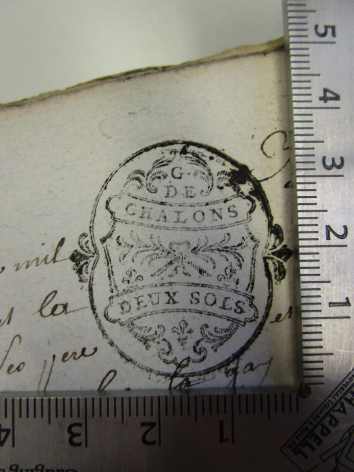  [Standesregister / Kirchenbuch von Verpel, Frankreich] (1751-1811);G45 / 2873 (Châlons-en-Champagne), Stempel: Name, Wappen, Ortsangabe; 'G. de Chalons Deux Sols'.  (Prototyp)
