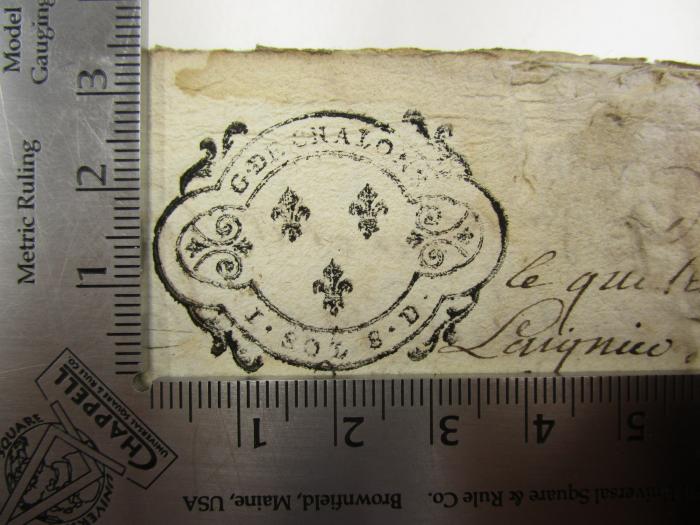  [Standesregister / Kirchenbuch von Verpel, Frankreich] (1751-1811);G45 / 2873 (Châlons-en-Champagne), Stempel: Name, Wappen, Ortsangabe, Nummer; 'G. de Chalons I. Sol 8. D.'.  (Prototyp)