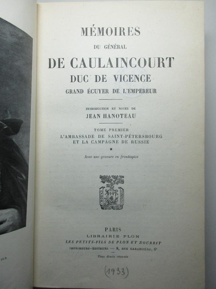13 F 253-1 : L' ambassade de Saint-Pétersbourg et la campagne de Russie (1933)