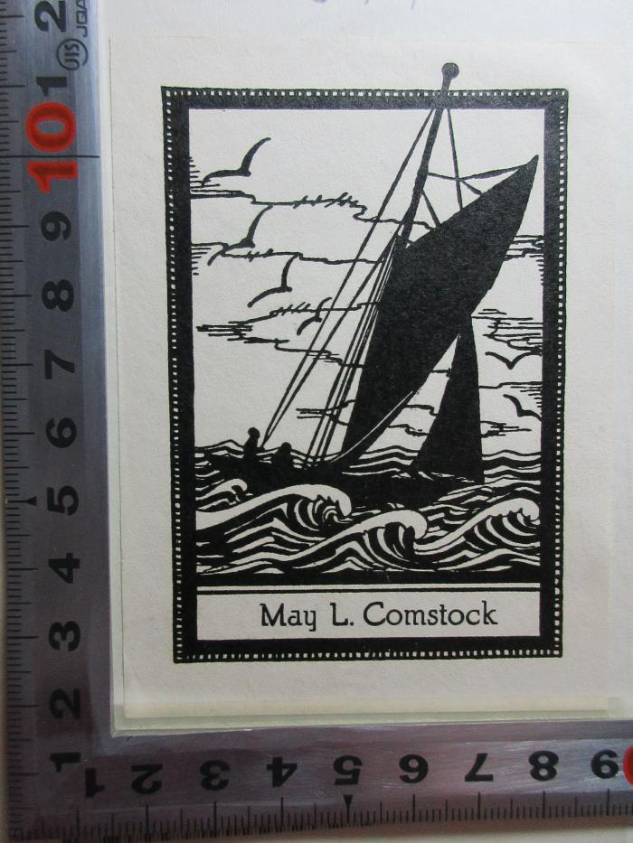 13 D 577 : I, governor of California and how I ended poverty : A true story of the future (1933);- (Comstock, May L.), Etikett: Exlibris, Name, Abbildung; 'May L. Comstock'. 