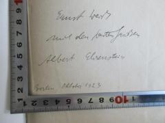 - (Ehrenstein, Albert), Von Hand: Autogramm, Name, Ortsangabe, Datum, Widmung; 'Ernst [?]
mit den besten Grüßen
Albert Ehrenstein
Berlin, Oktober 1923'. 