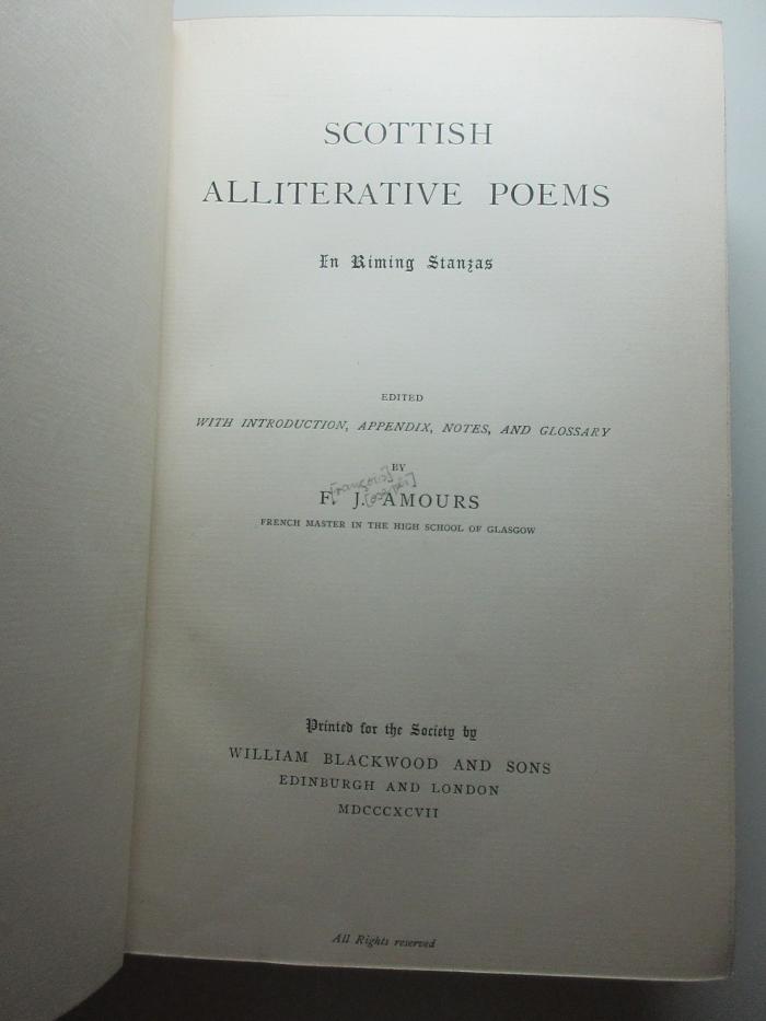13 M 291 : Scottish alliterative poems in riming stanzas (1897)