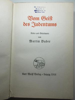 13 P 275 : Vom Geist des Judentums : Reden und Geleitworte (1916)