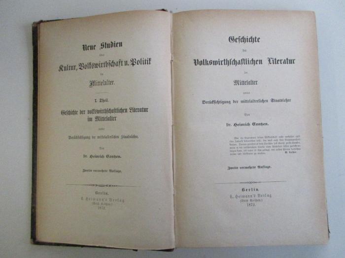 14 A 149&lt;2&gt;-1 : Geschichte der volkswirthschaftlichen Literatur im Mittelalter unter Berücksichtigung der mittelalterlichen Staatslehre (1872)
