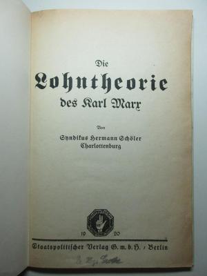 14 D 449 : Die Lohntheorie des Karl Marx (1920)