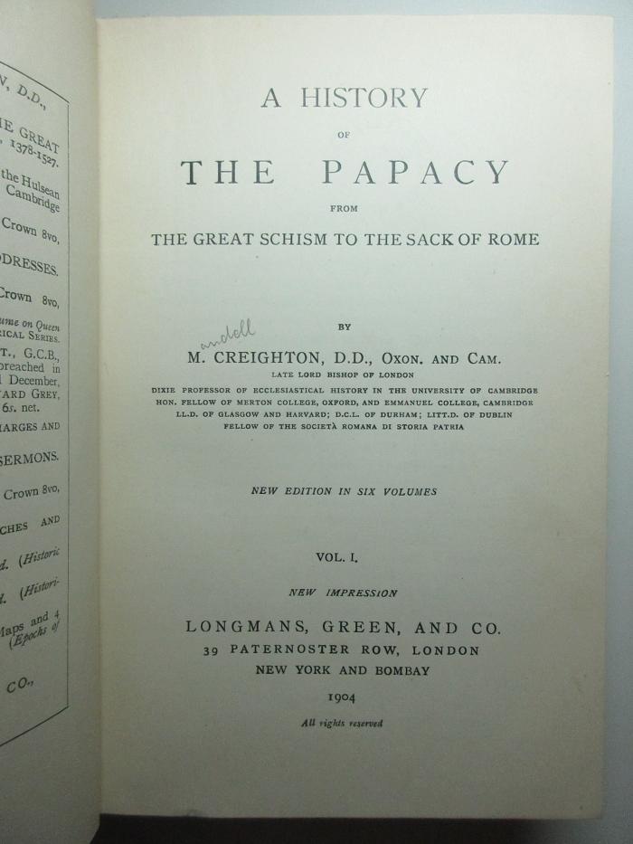 14 B 250&lt;*1904&gt;-1 : A history of the papacy from the great schism to the sack of Rome (1904)