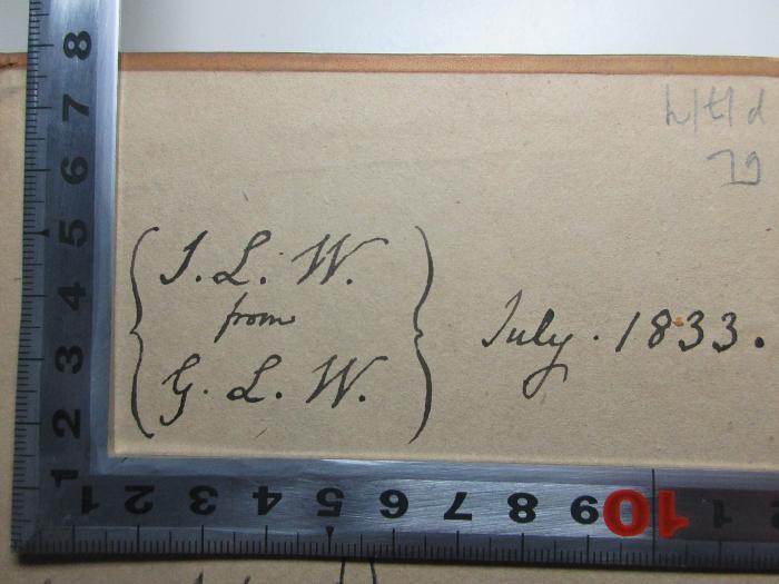 -, Von Hand: Autogramm, Initiale, Datum; '[?]. L. W.
from
G. L. W.
July. 1833.';14 B 67-1 : The life of Taylor. Funeral sermon by Bishop Rust. Corespondence with Henry Jeanes. Christian consolations. Indexes and c. (1828)